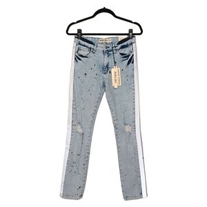 BLUE CULT Acid Wash Reflective Holographic Stripe Skinny Light Blue Jeans 14 NWT